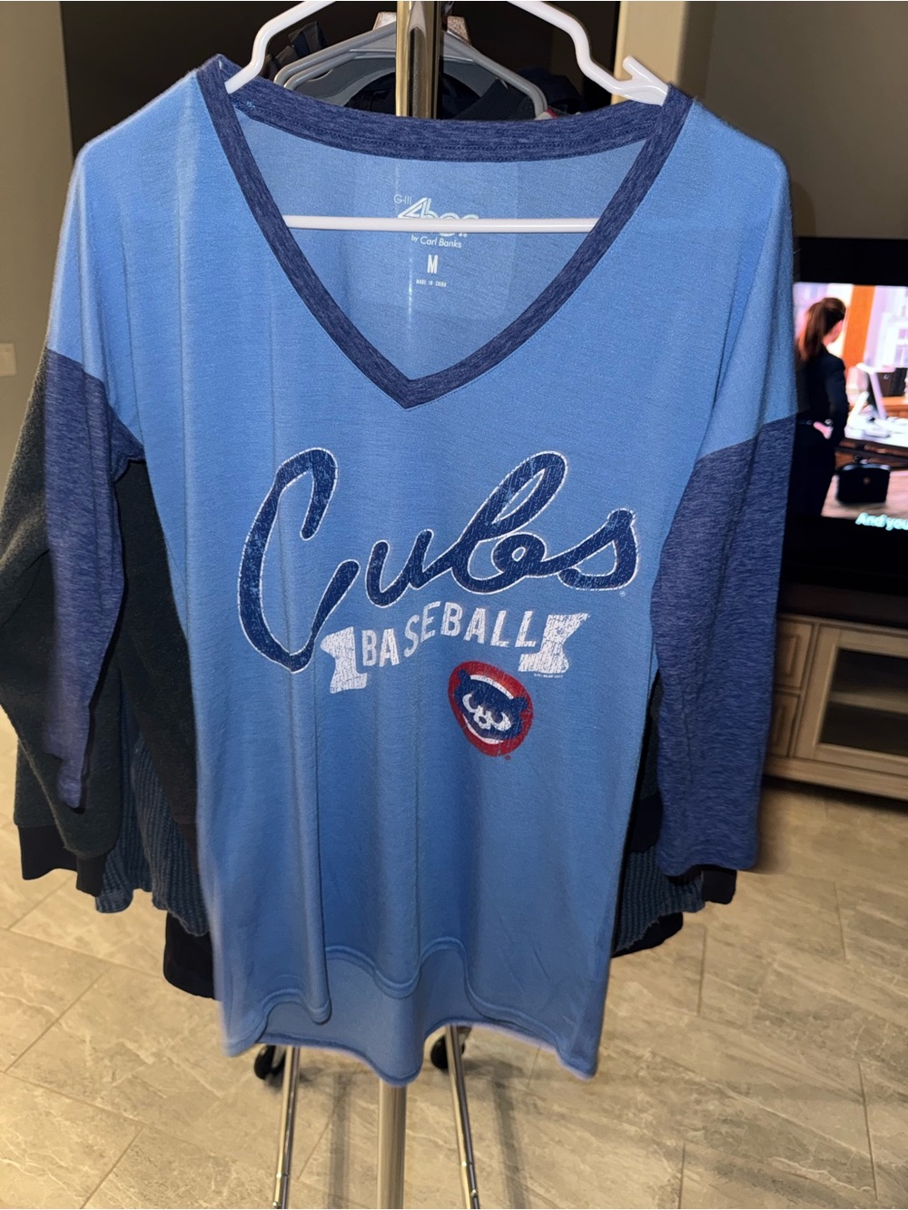 Cubs Baseball V-Neck Tee in Light Blue and Navy